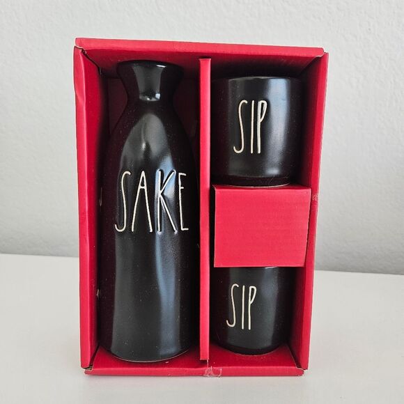 NEW Rae Dunn | SAKE Pitcher with SIP Cups Matte Black Ceramic Gift Set Japan - Picture 2 of 5